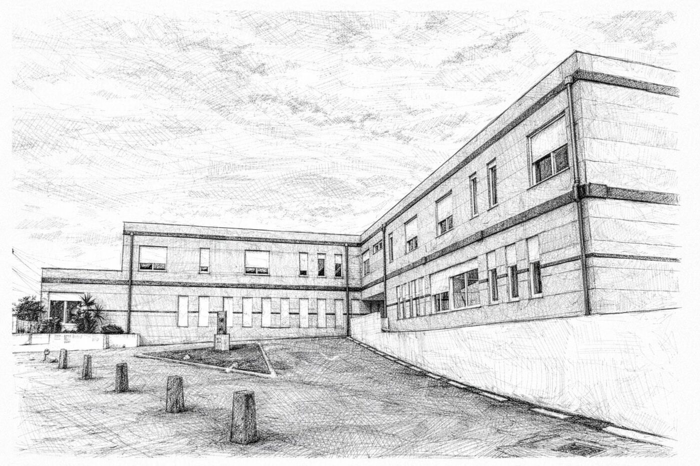 Desenho a lápis do Centro Social António Araújo visto do pátio